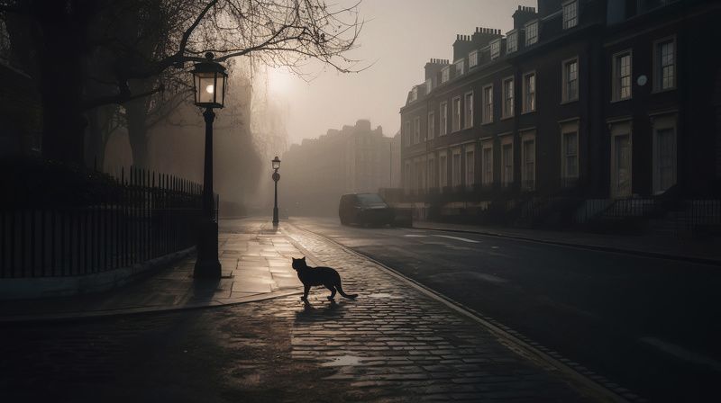 кот, утро, туман, европа, великобритания, лондон Noir Feline фото превью