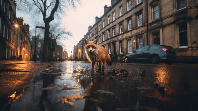 город, британия, лондон, лиса, дождь, синий час, утро, лужи The Fox\'s Secret Hour фото превью