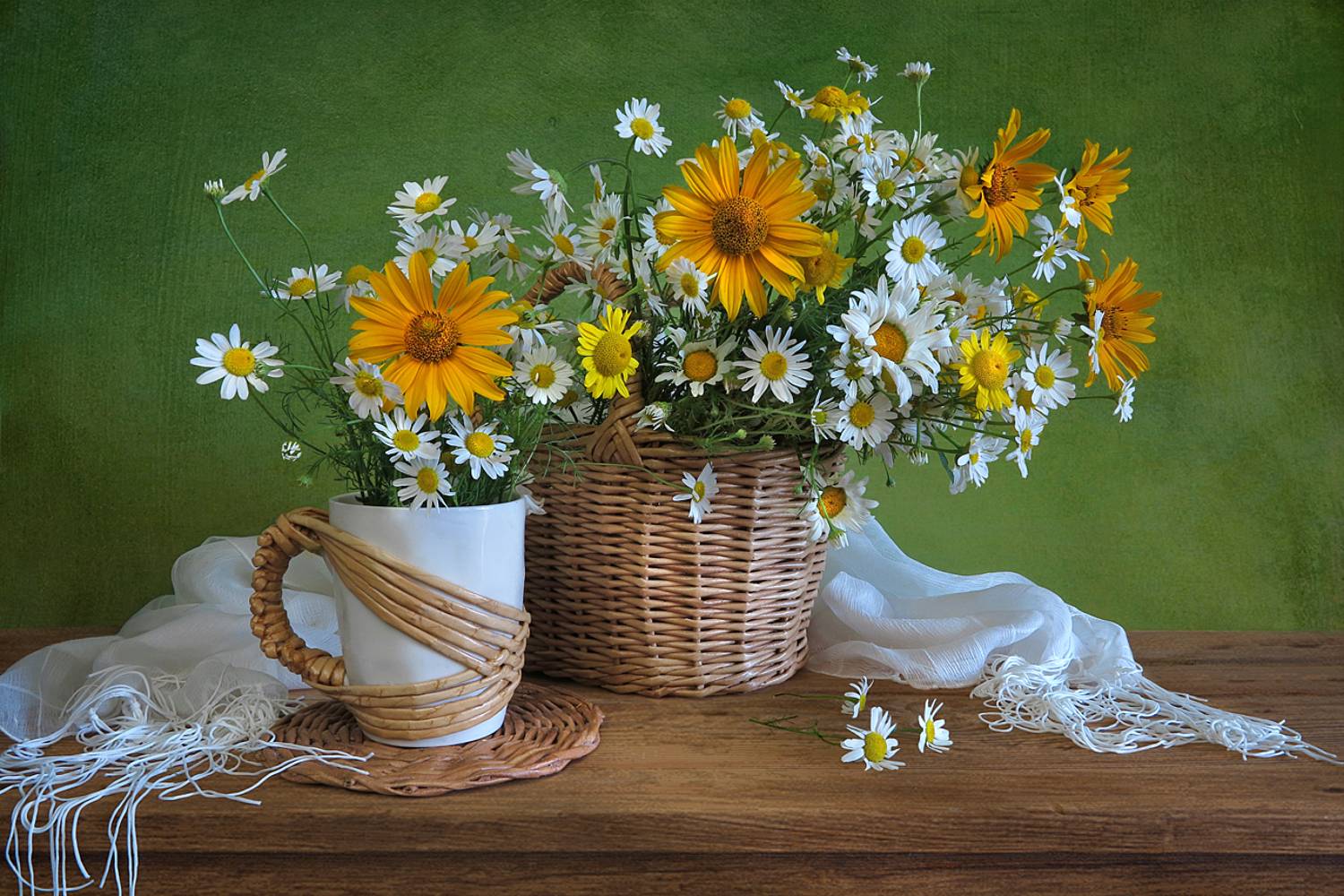 натюрморт,лето,корзина,кружка,цветы,шарф, Алла Шевченко