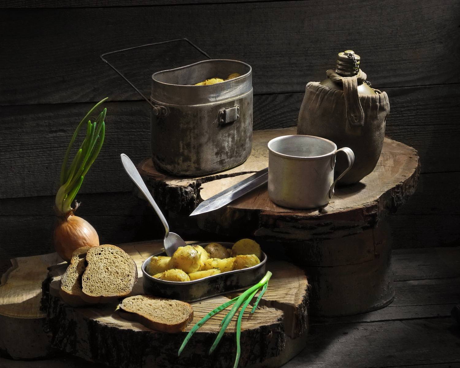 еда, картошка, война, котелок, хлеб, фляжка, кружка, ложка, лук, штык-нож, Сергей Фунтовой