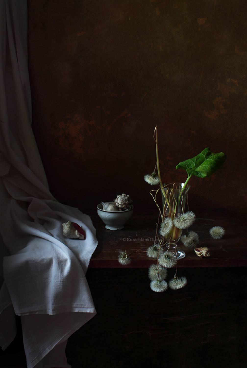 натюрморт, одуванчики, зеленый лист, Курочкина Диана