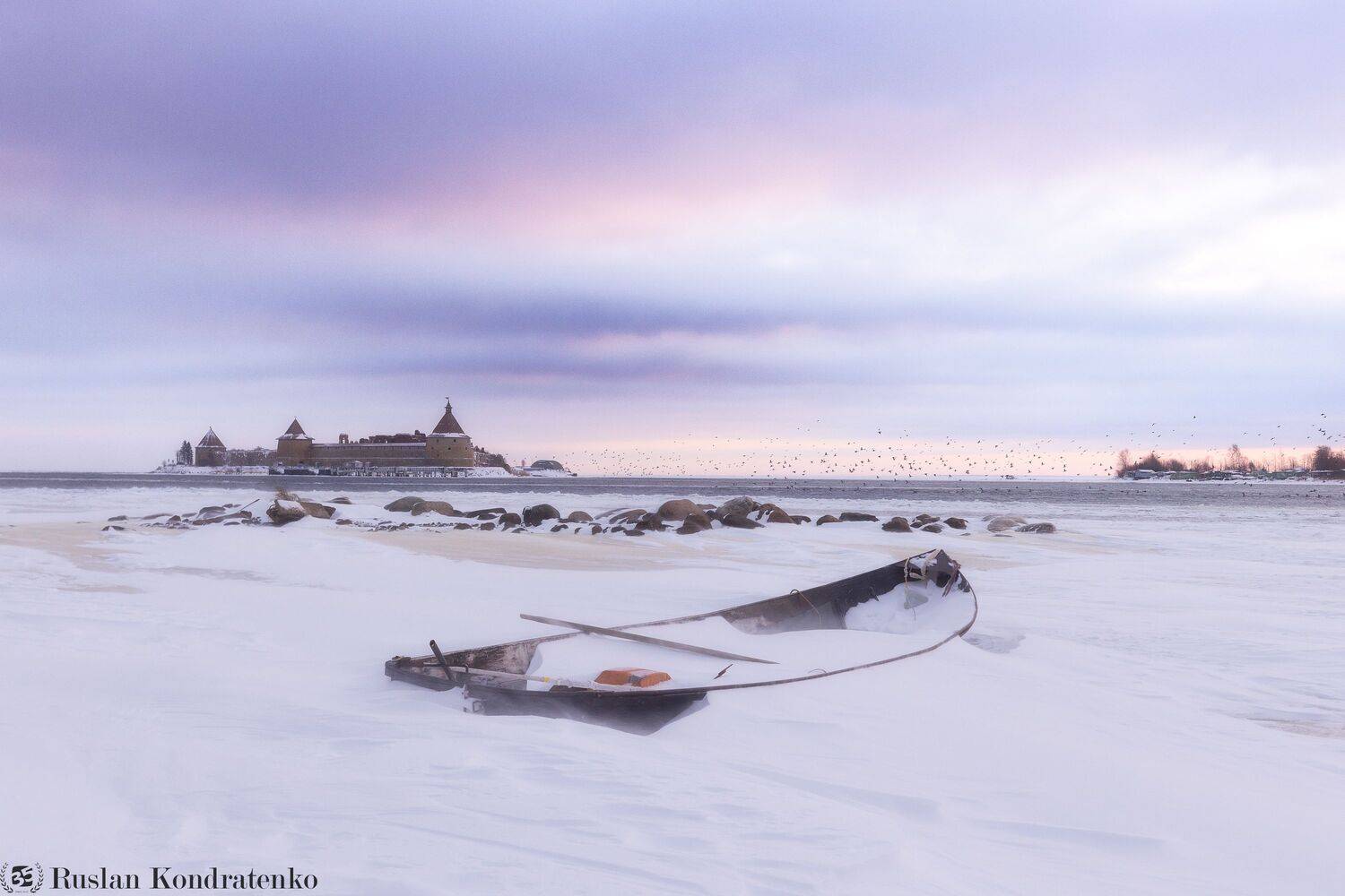 крепость орешек, зима, рассвет, шлиссельбург, лодка, ленинградская область, Кондратенко Руслан