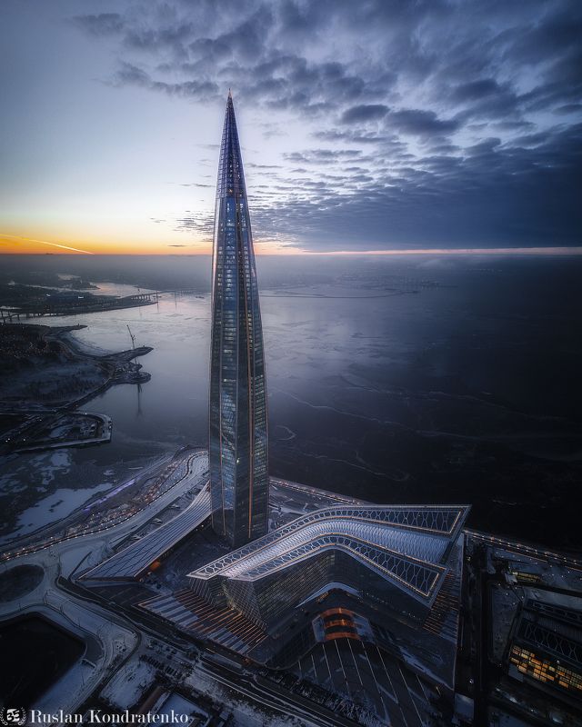 санкт-петербург, лахта-центр, лахта, небоскреб, зенит арена, газпром арена, аэрофото, аэрофотография, рассвет, закат Лахта центр на рассвете фото превью