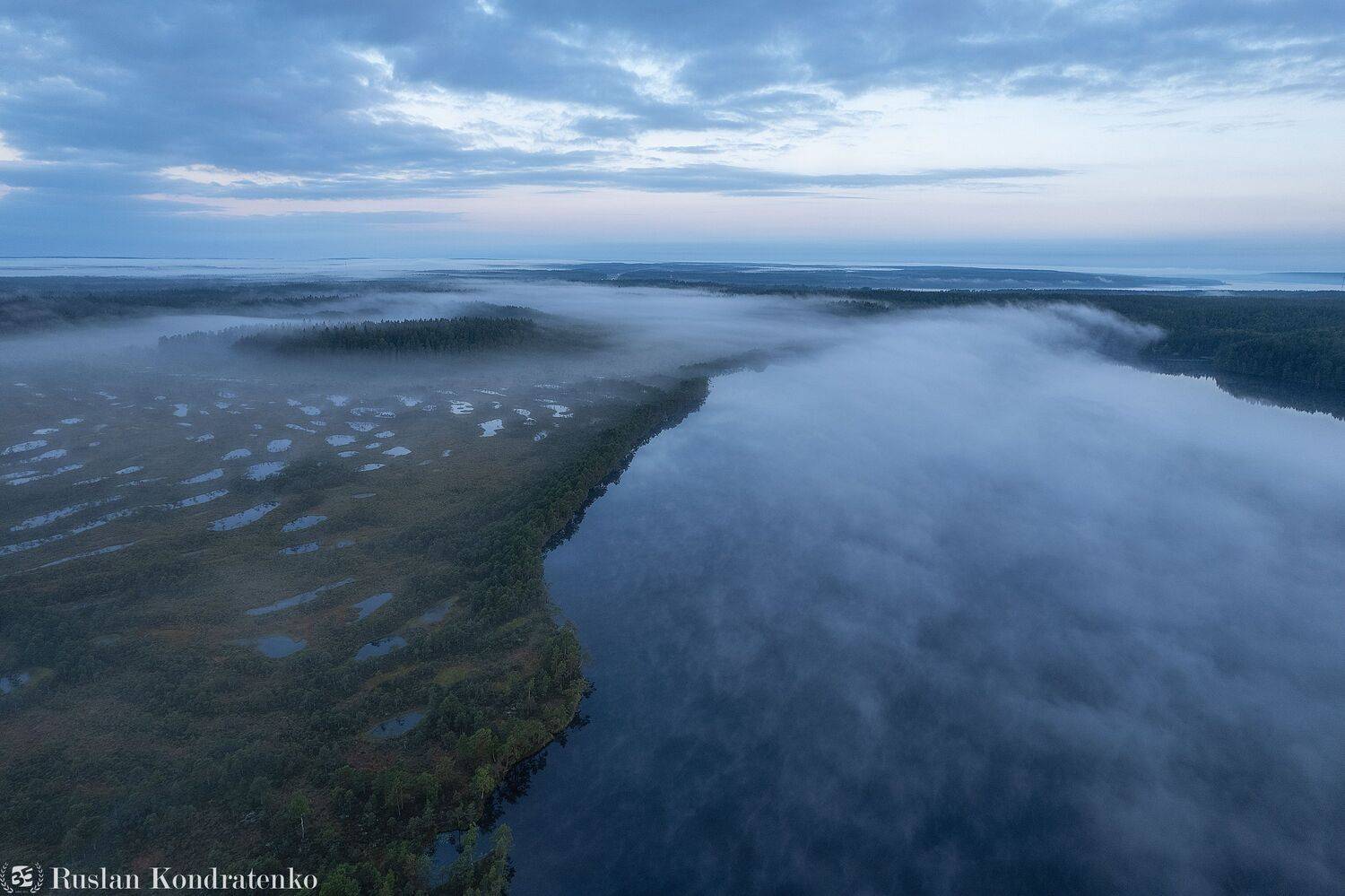 ленинградская область, озеро, рассвет, закат, рыбачье озеро, аэрофото, аэрофотография, туман, Кондратенко Руслан