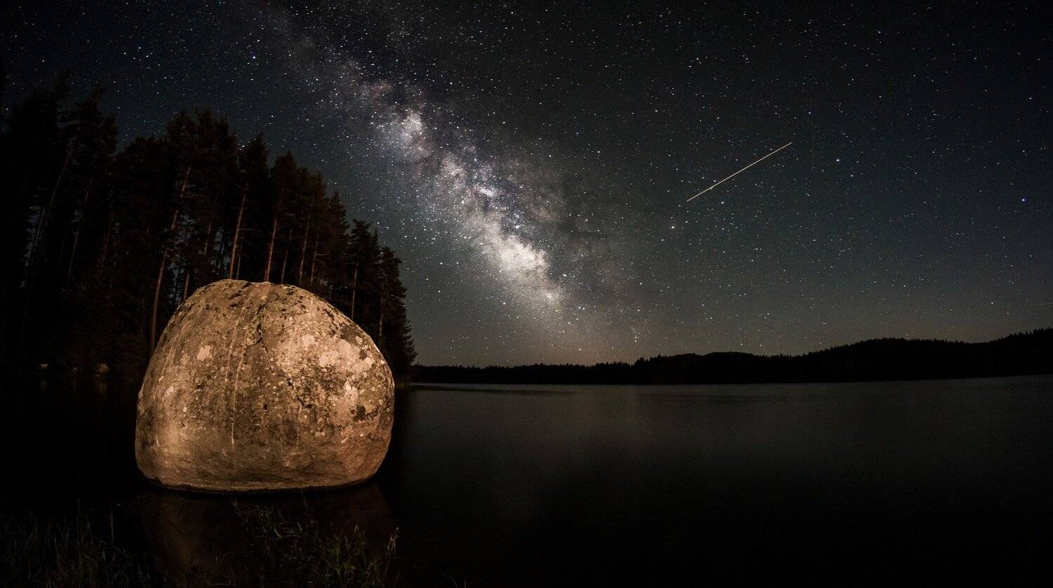 milky way, milk,way, stars,stone, lake,dam, night, trees,, Boris Preslavski