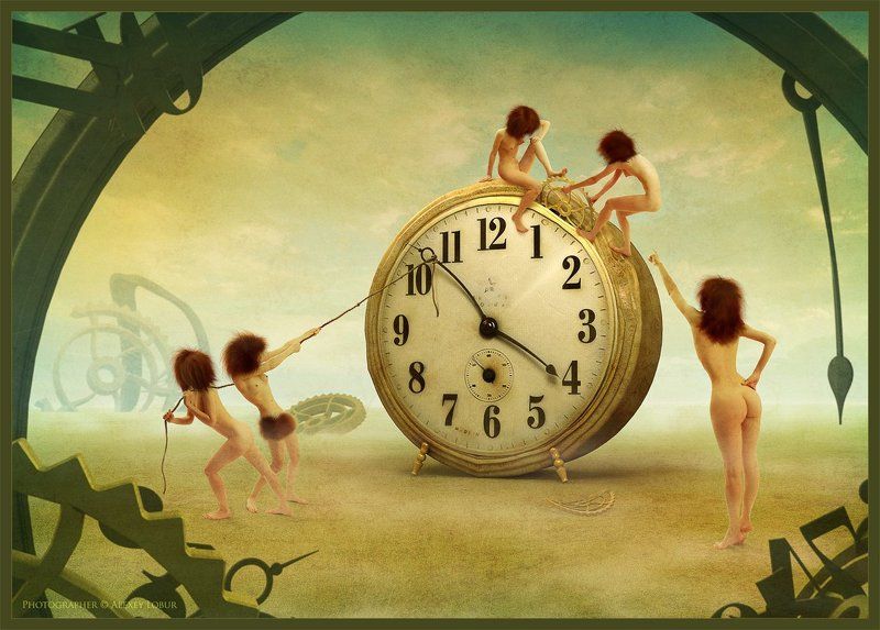 сюррелизм, девушка, женщина, ню, часы, время, коллаж, ретушь, лобур, арт время фото превью