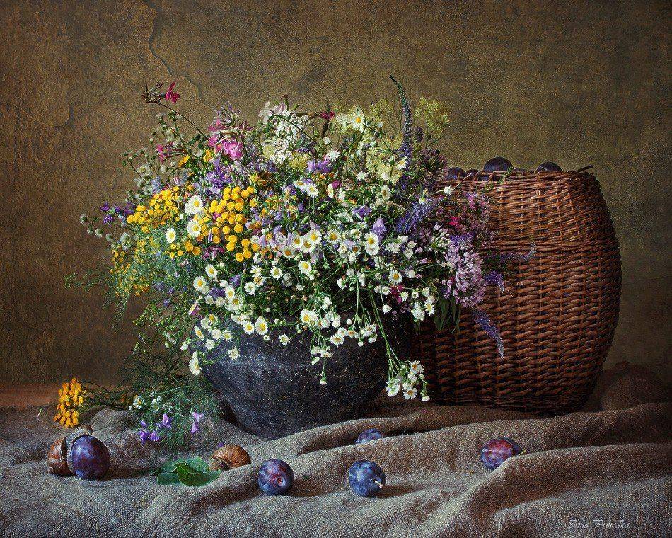 букет полевых цветов, чугун, корзина, сливы, улитки, Ирина Приходько