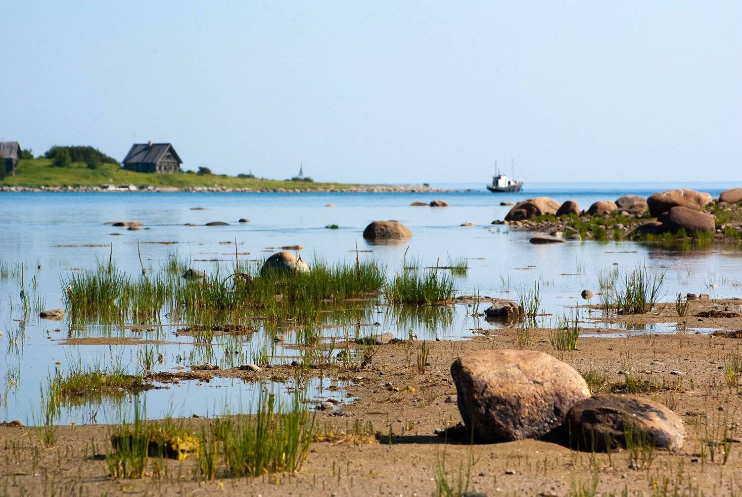 landscape, seascape, sea, rocks, barn, ship, horizon, water, blue, white, Илья Лифанов