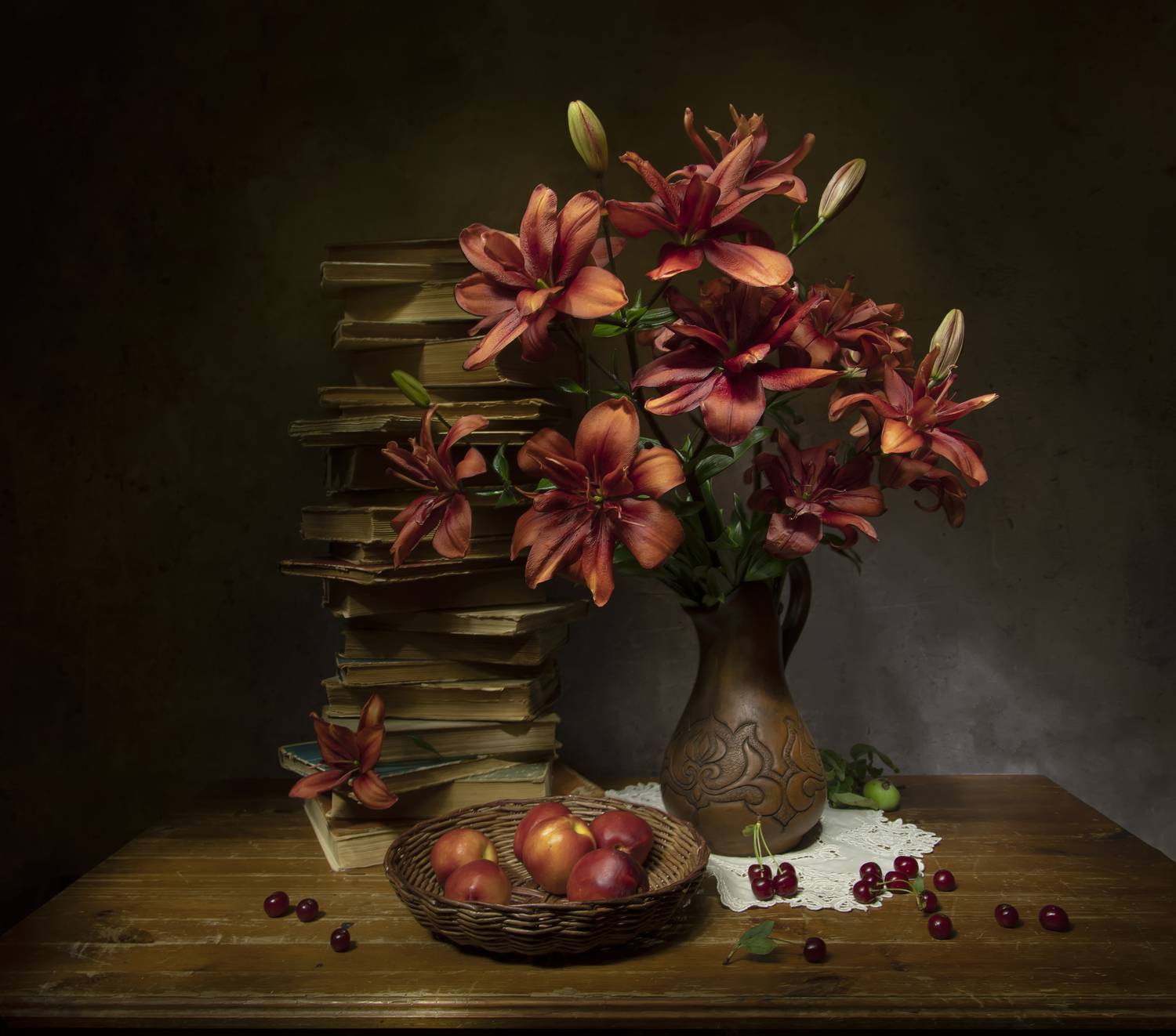 натюрморт, лилии, нектарины, черешня, Татьяна Феденкова
