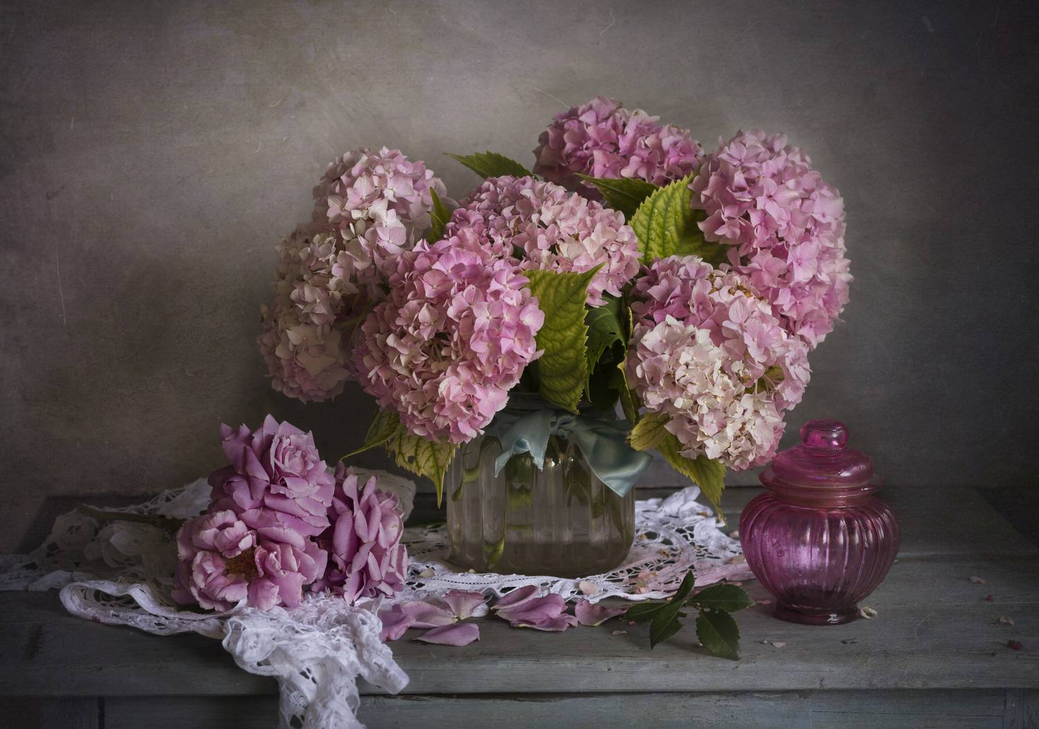 гортензия, роза, натюрморт, цветы, Зимина Лионелла