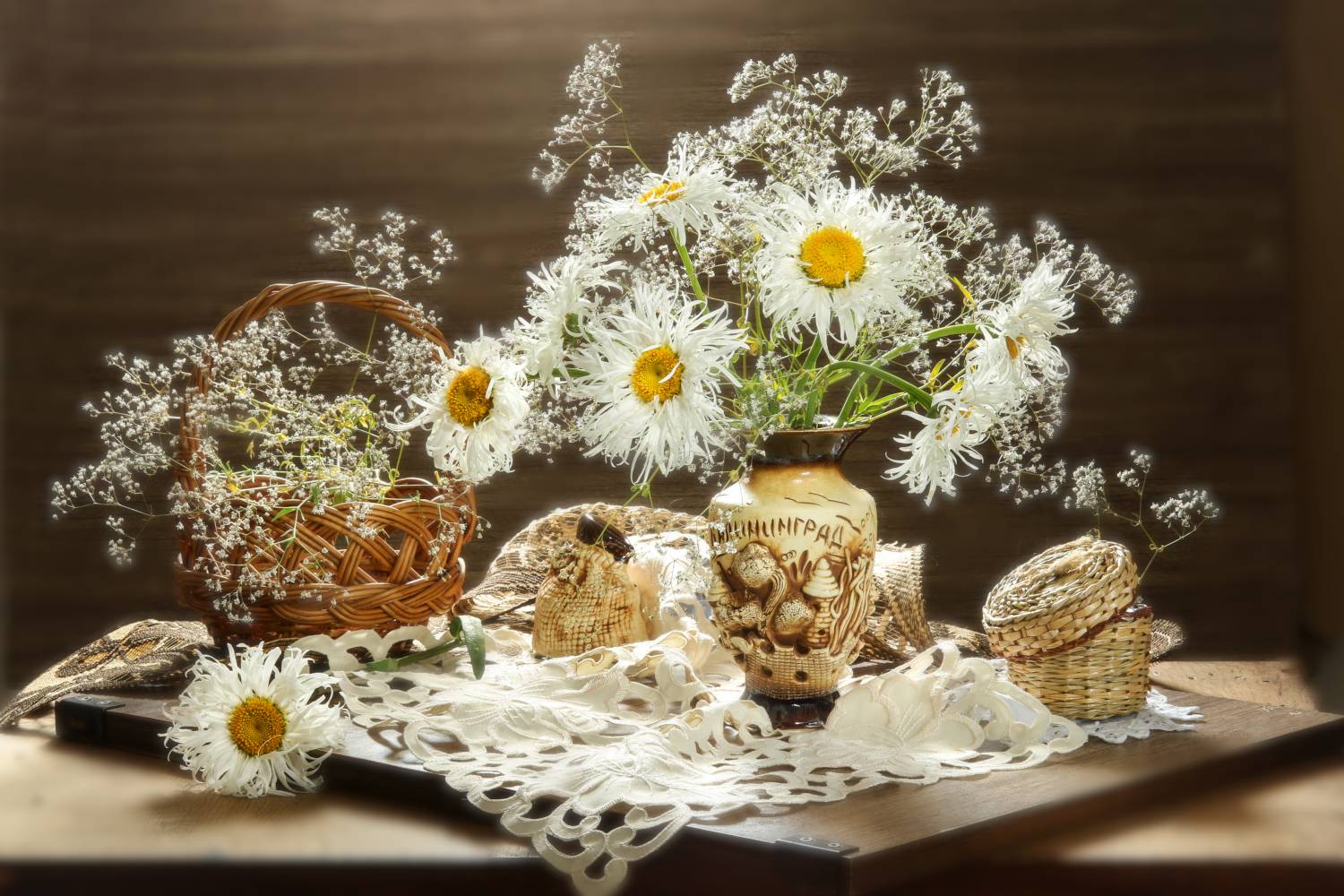 натюрморт, цветы, букет, ромашки, ваза, салфетка, Шруб (Беляева) Татьяна