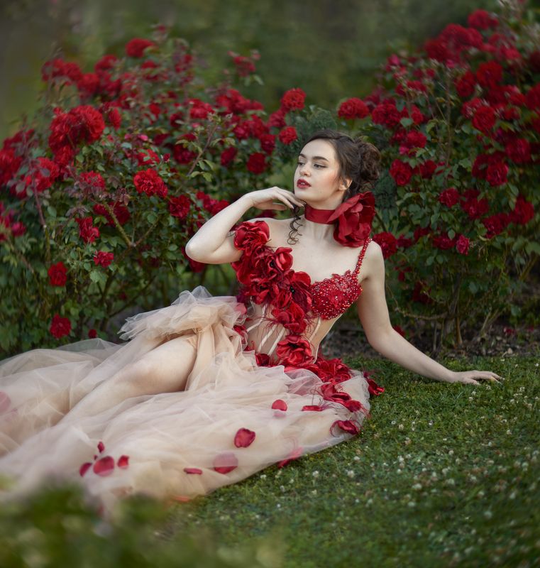 роза, цветы, девушка, пышное платье, кутюр, сад, сказка, фентези Садовая роза фото превью