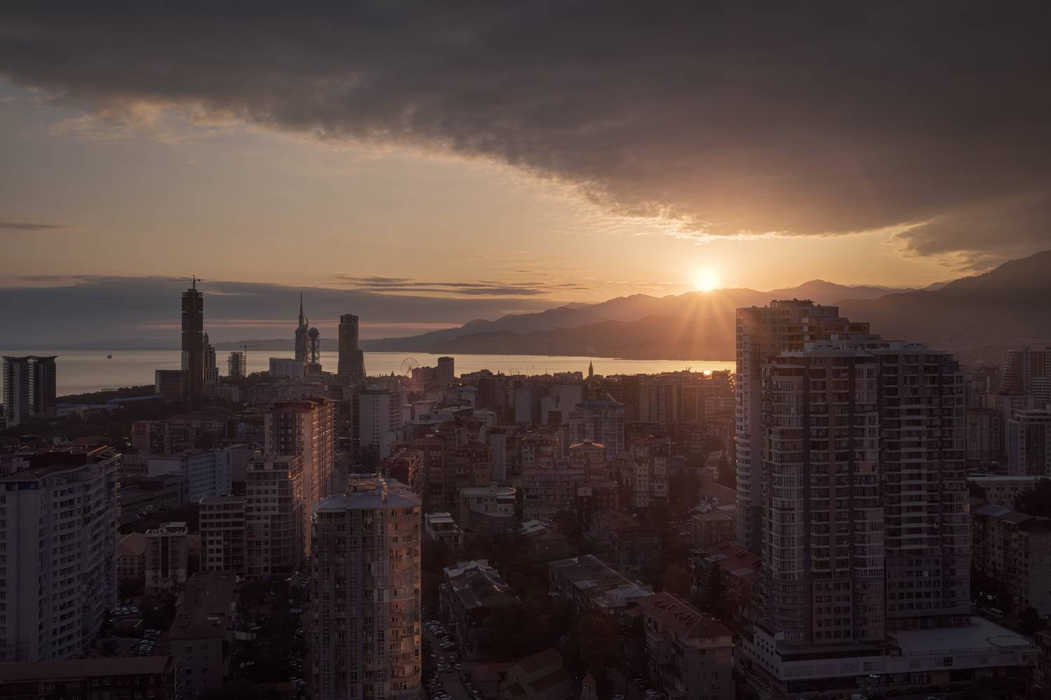 batumi, dawn, sun, sky, clouds, buildings, skyscraper, city, town, sea, weather, landscape, cityscape, scenery, travel, outdoors, caucasus, georgia, adjara, sakartvelo, chizh, Чиж Андрей