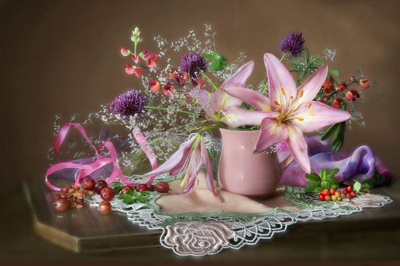 натюрморт, лето, цветы, лилия, ваза, салфетка Летнее настроение фото превью