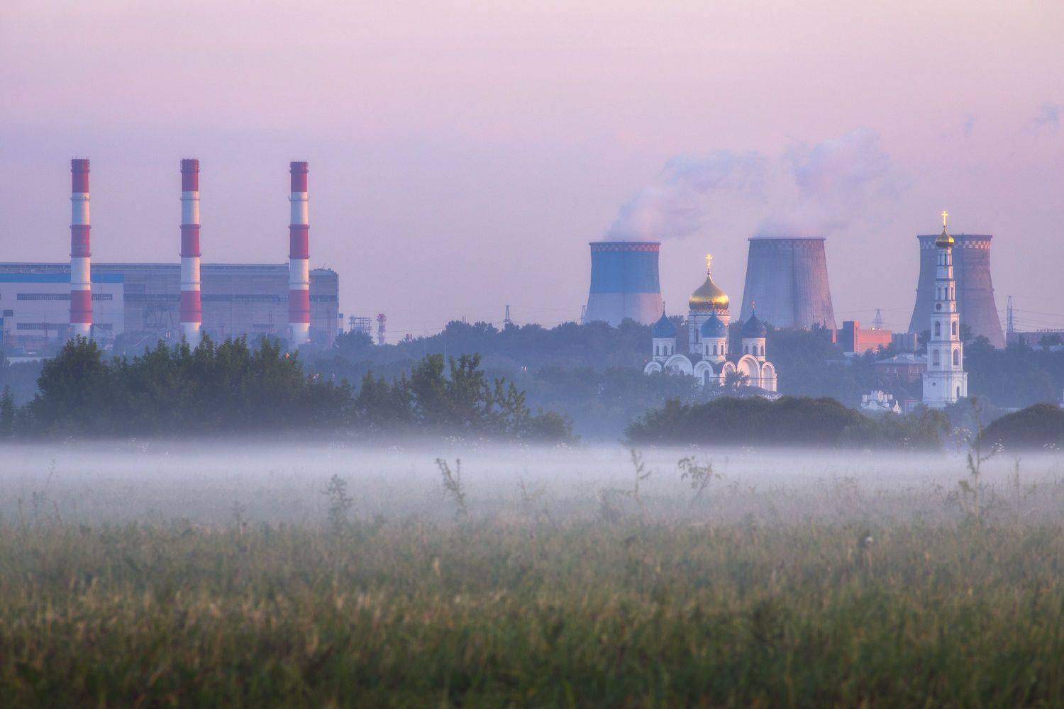 пейзаж, туман, солнце, церковь, fog, sun, landscape, church, город, city, архитектура, Чаланов Иван