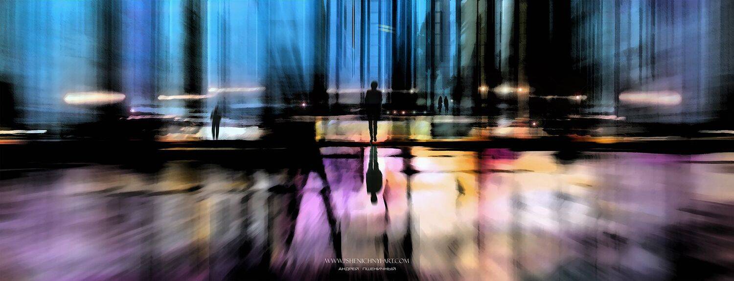 ночной город, фантастика, концепт, отражение, вертикаль, архитектура, свет, структура, силуэты, Пшеничный Андрей