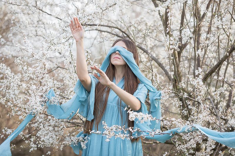 Слива, цветущие деревья, девушка, запах, весна, свежесть, тишина, ощущения, чувства, интуиция Аромат весны фото превью