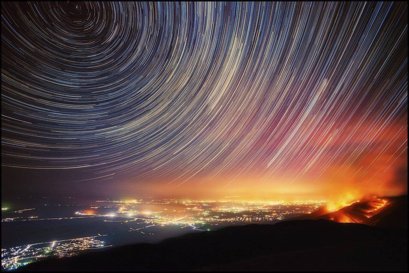 Startrails, Звезды, Ночное небо, Ночь, Пожар, Ушконыр, Ольга Кулакова