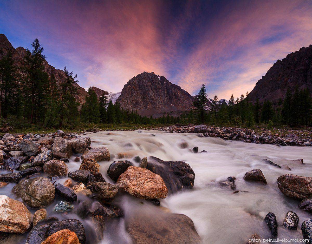 Актру, Алтай, Горы, Закат, Лето, Река, Антон Петрусь