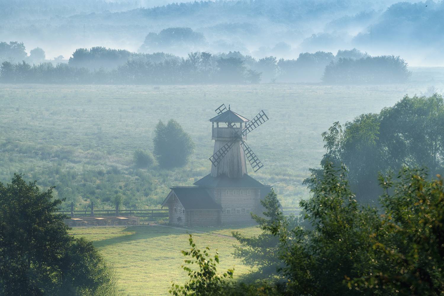 мельница, туман, утро, пейзаж, Россия, лето, Подмосковье, ЯR Ольга