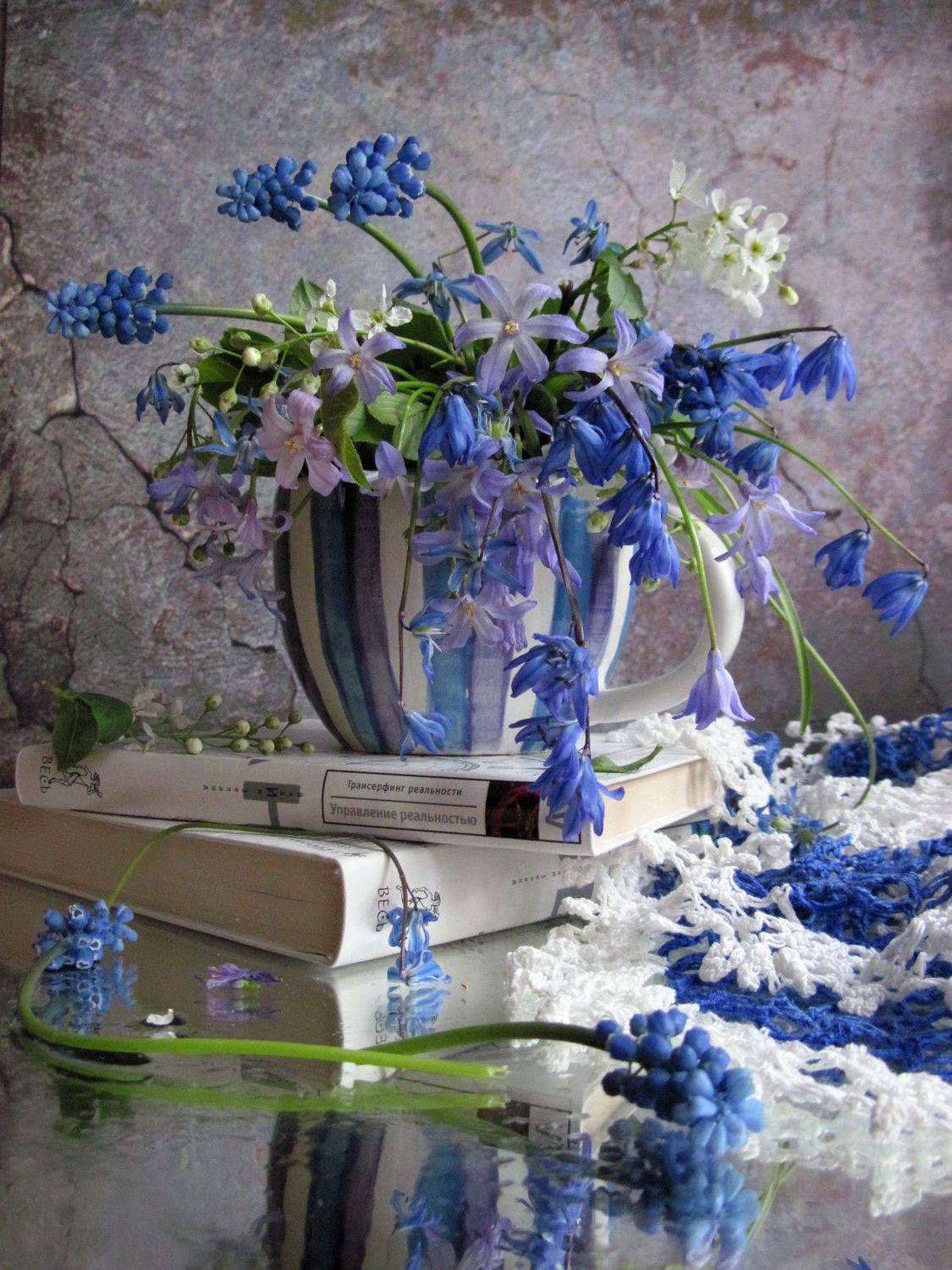 мускарики, пролески, хионодокса, чкремуха, чашка, салфетка, книжки, Наталия Тихомирова