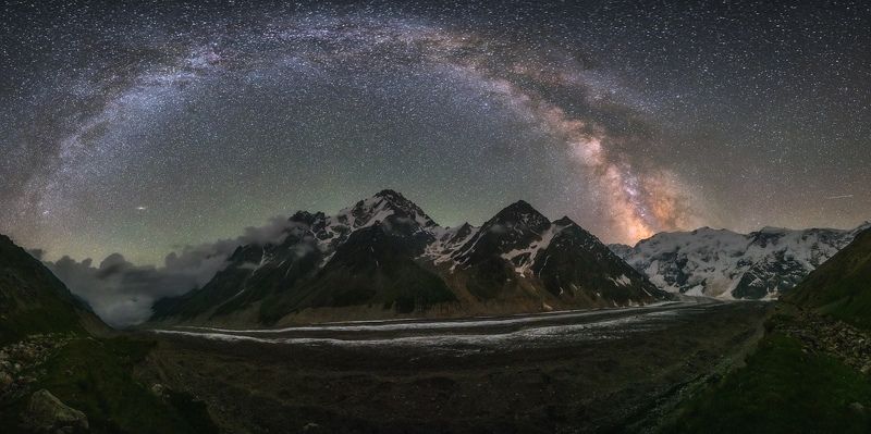 центральный кавказ, кабардино-балкария, безенги, ледник, млечный путь, июль Млечный путь над Безенгийским ледником фото превью