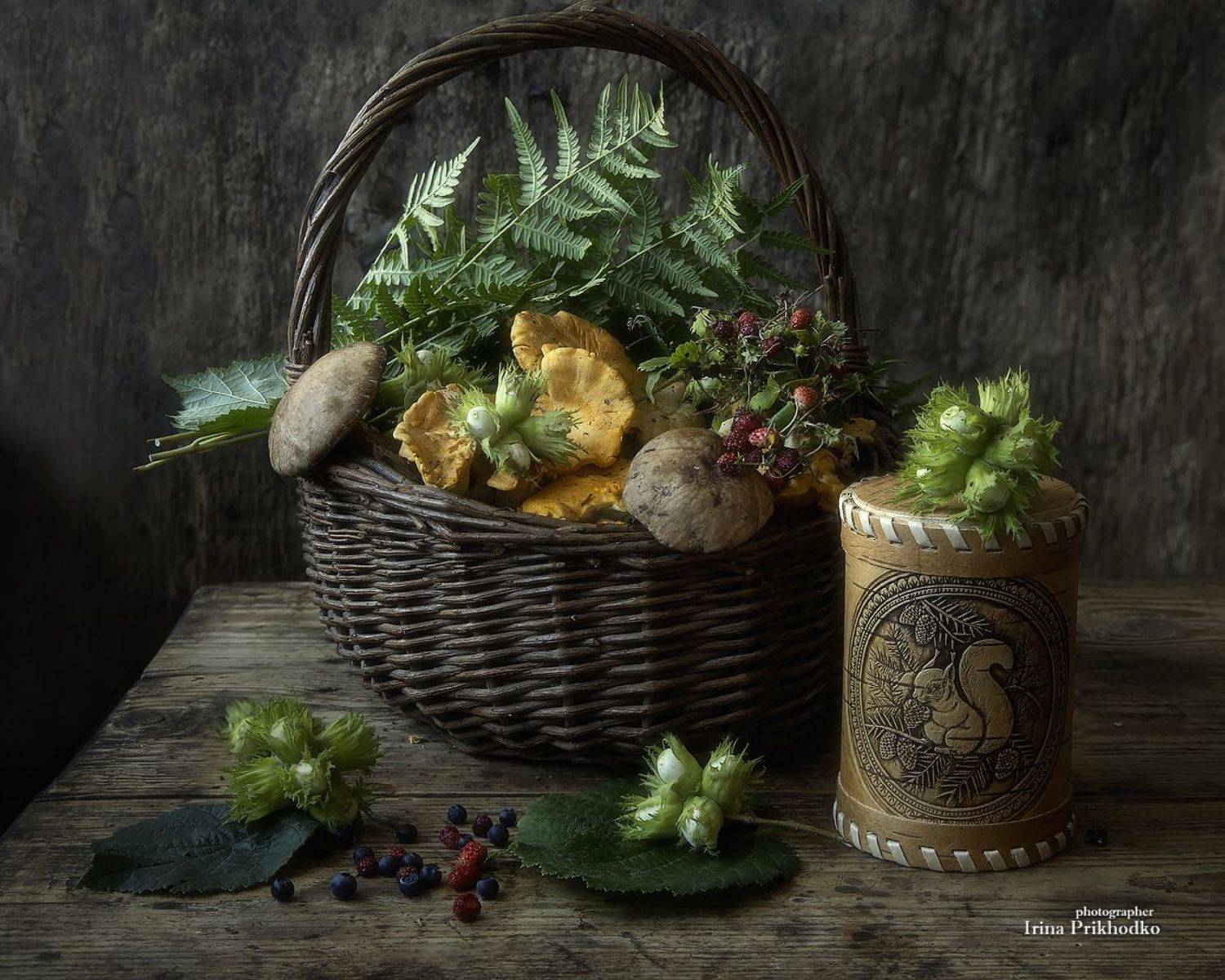 натюрморт, лето, деревенский, грибы, ягоды, лесные орехи, Приходько Ирина
