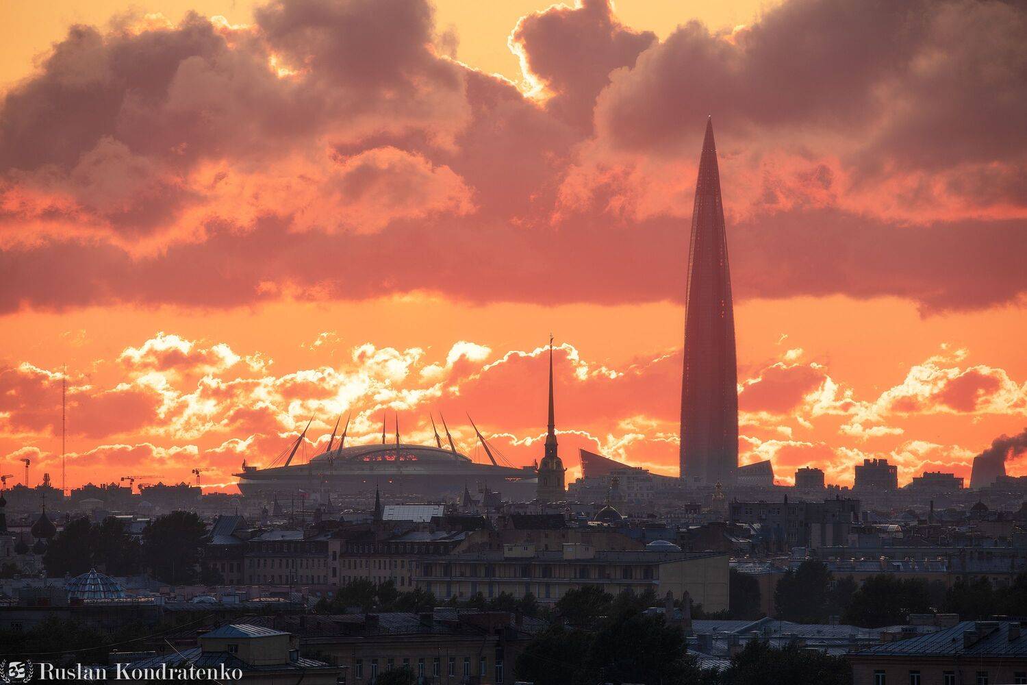 санкт-петербург, закат, лахта-центр, лахта, небоскреб, прострел, газпром-арена, петропавловский собор, петропавловская крепость, Кондратенко Руслан