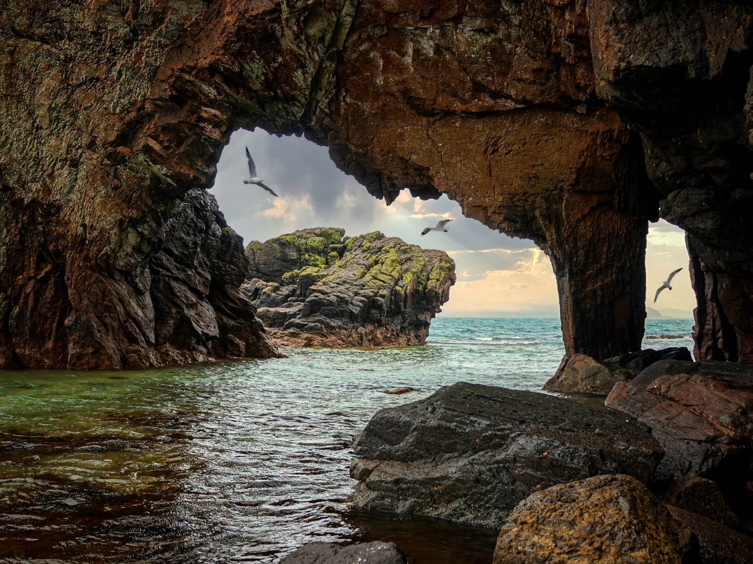 природа, пейзаж, море, камни, арка, чайки, Игорь Жабский