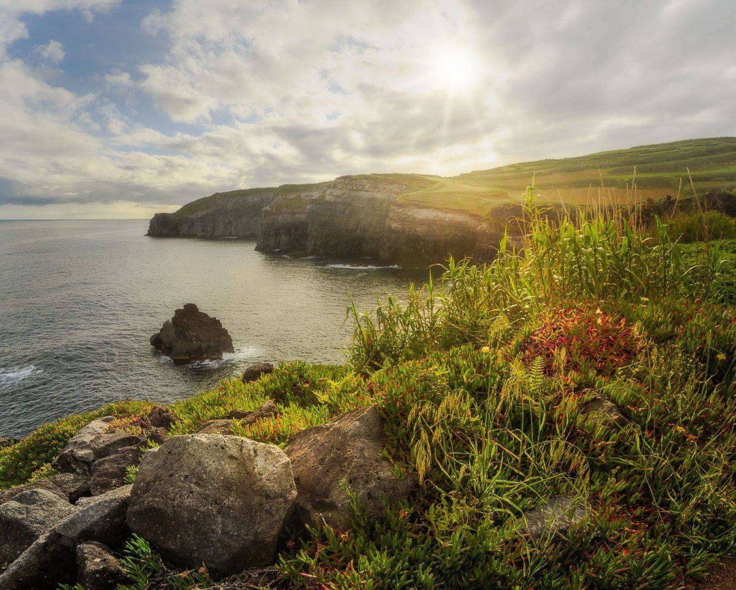 португалия, сан-мигель, остров, прибой, скалы, волны, океан, камни, колючки, кактусы, солнце, небо, облака, лучи, берег, утро, Марк Сивак