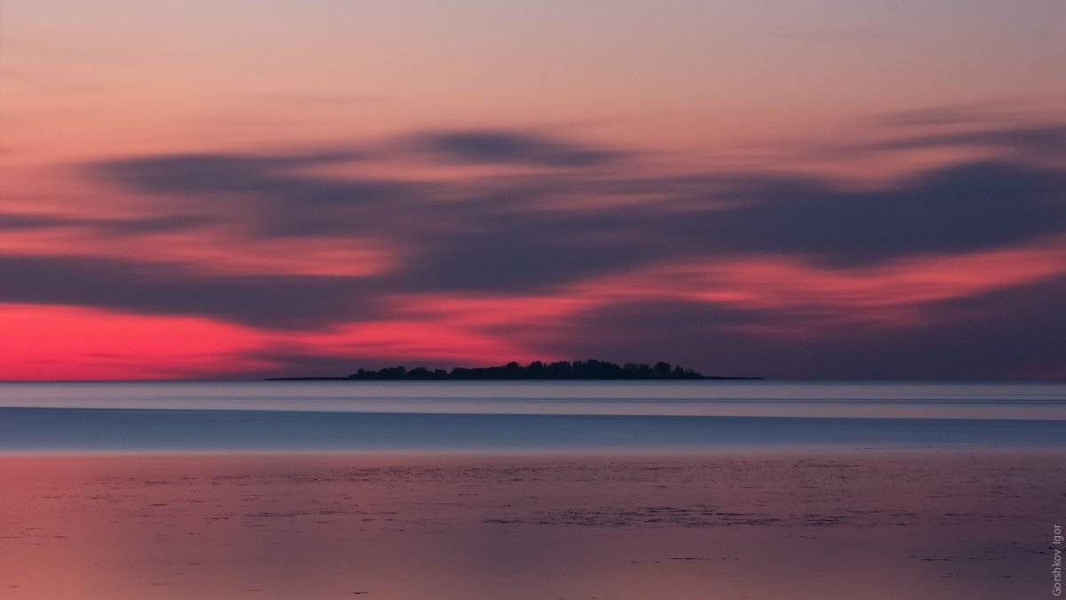 Длинная выдержка, Закат, Небо, Облака, Озеро, Остров, Пейзаж, Горшков Игорь