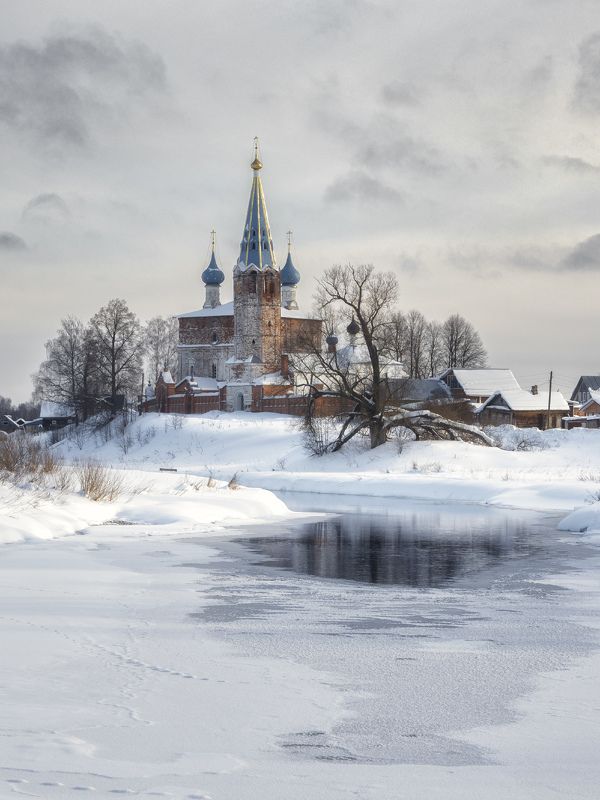 зима, церковь, снег, река Дунилово фото превью