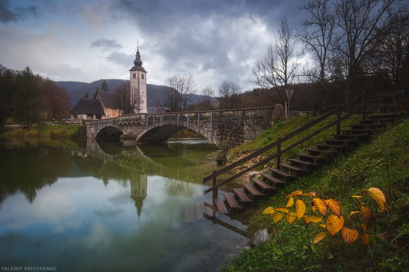 словения, пейзаж, утро, церковь, бохинь, осень, landscape, cityscape, autumn, church Церковь Святого Иоанна Крестителя фото превью