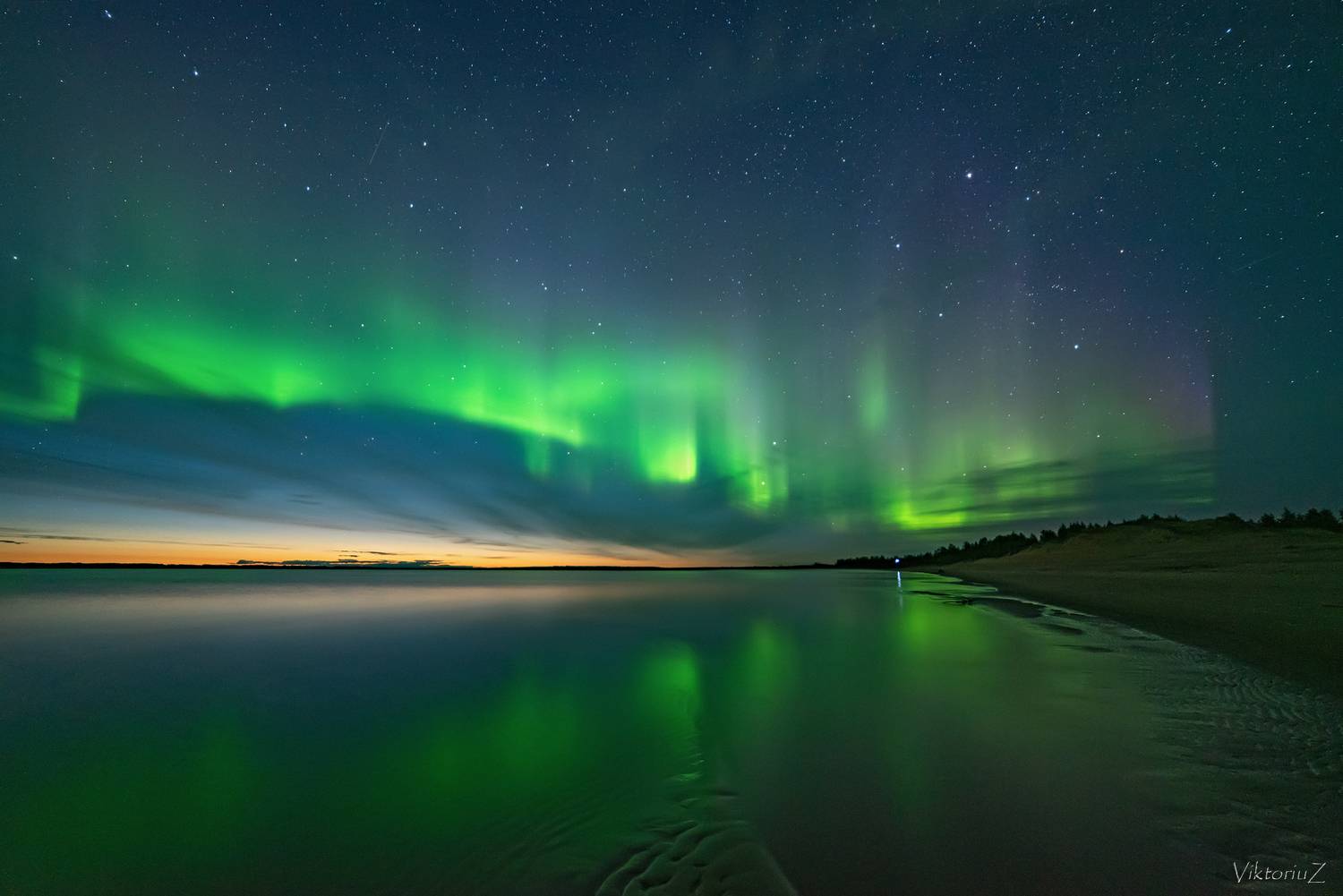 северное сияние, полярное сияние, заполярье, aurora borealis, polar lights, река, отражение, Куликов Виктор