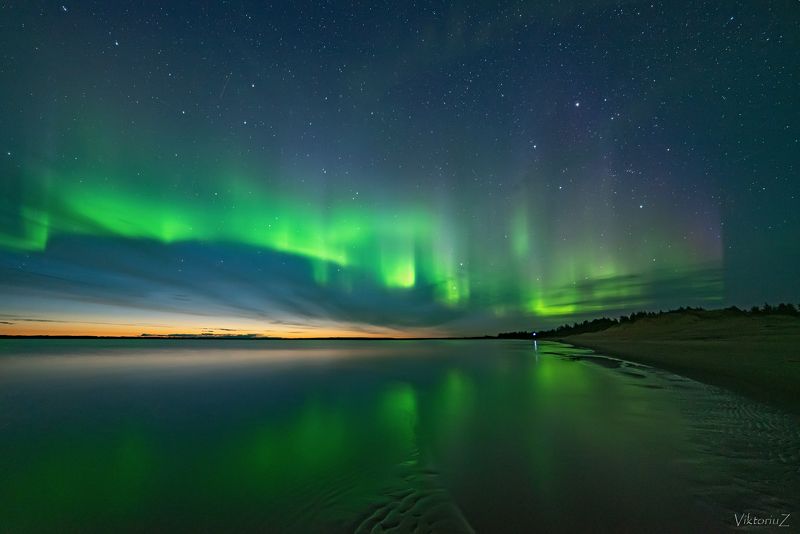 северное сияние, полярное сияние, заполярье, aurora borealis, polar lights, река, отражение На реке Печора фото превью