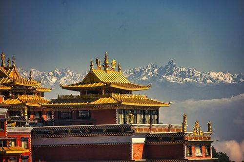 Sunset above valley Buddhist monastery Nepal in the Himalaya mountains