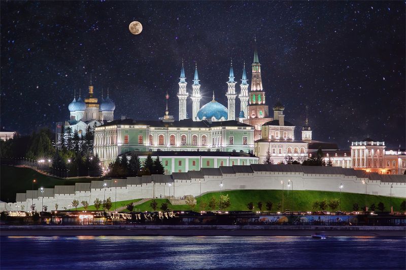 город, архитектура, храм, казань, вечер, здание,памятник, кремль Казанская ночь фото превью