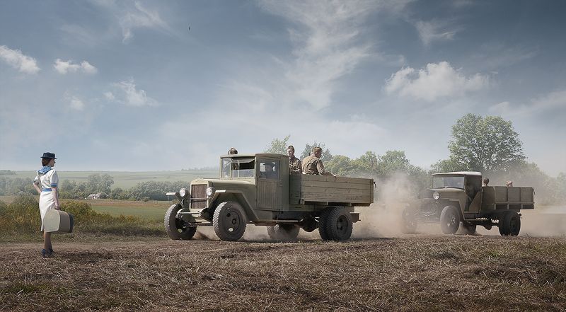 лето, пейзаж, грузовик, попутчица, зис, газ, солдаты. Попутка... фото превью