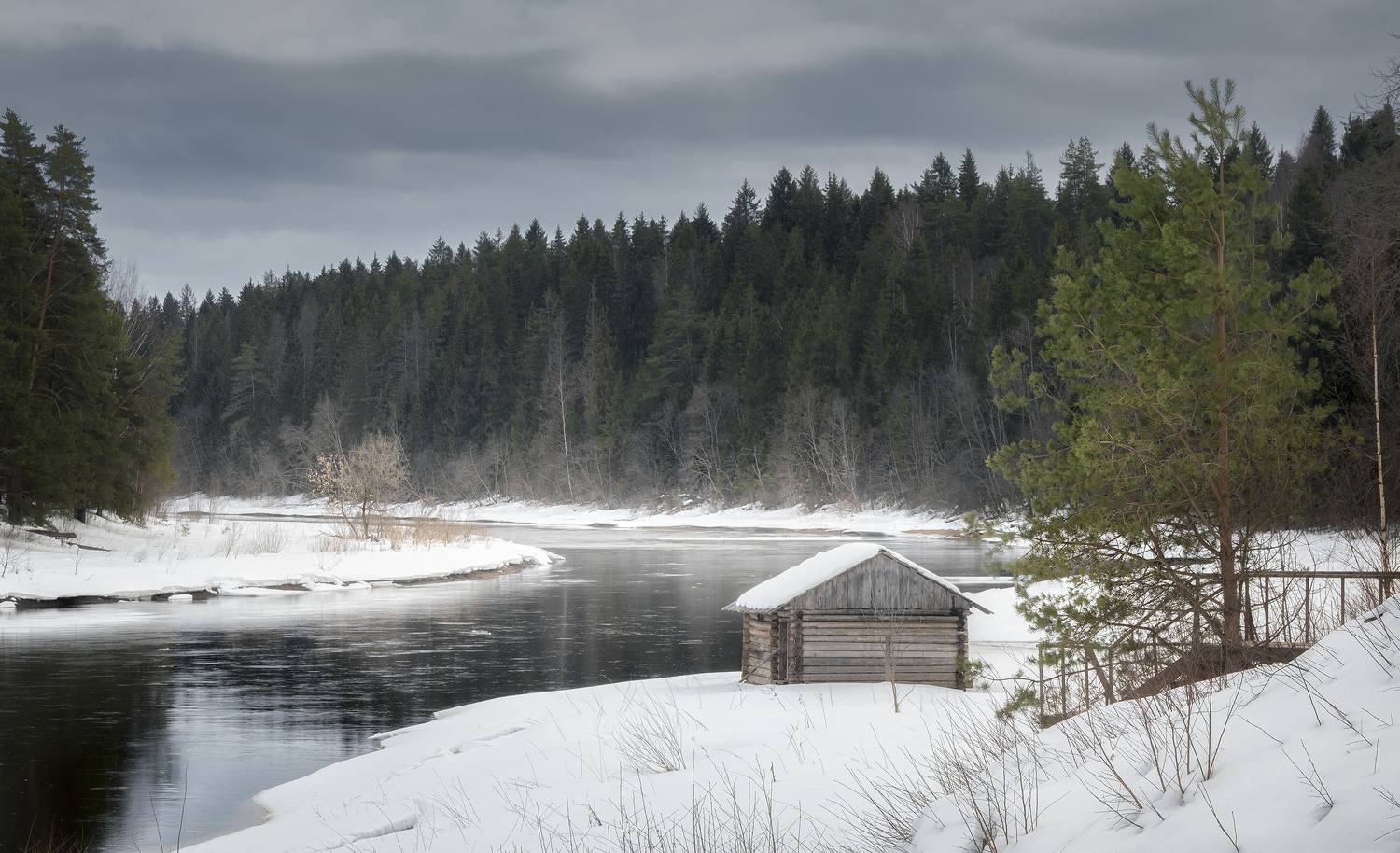 зима, снег, река, лес,  Алексей