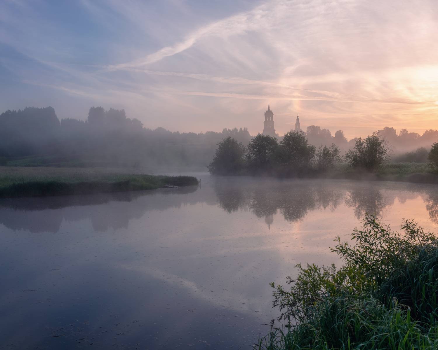 утро туман река село церковь, Архипкин Александр