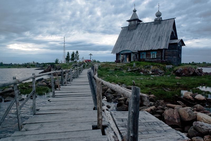 Island, White sea, landscape, seascape, church, bridge, wooden, sky, grey, blue, Russia Island фото превью