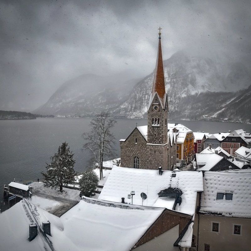 Austria, Church, Hallstatt, Lake, Old, Winter Hallstatt фото превью