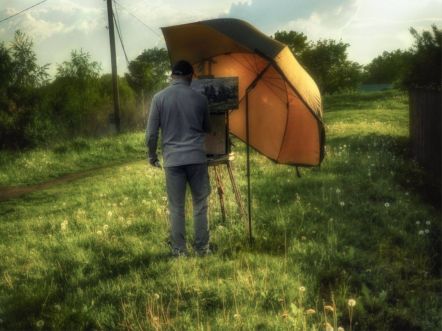 художник мольберт зонт одуванчики деревья, Вера Петри