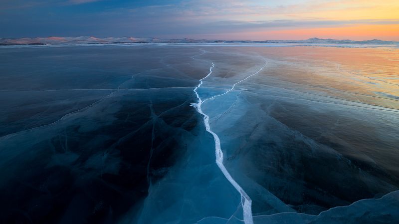 Лёд, закат, трещина, холод, озеро Скорлупа фото превью