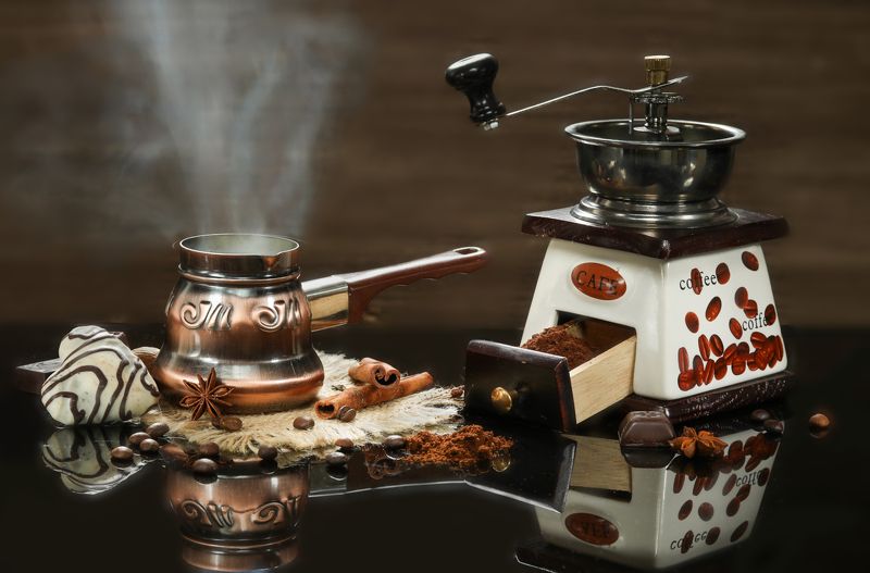 кофе, турка, мельница, печенье, шоколад Аромат кофе фото превью