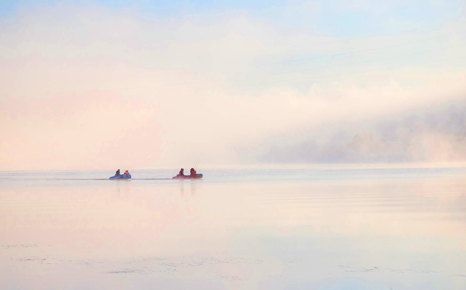 река, лодка, туман, волга, Широких Александр