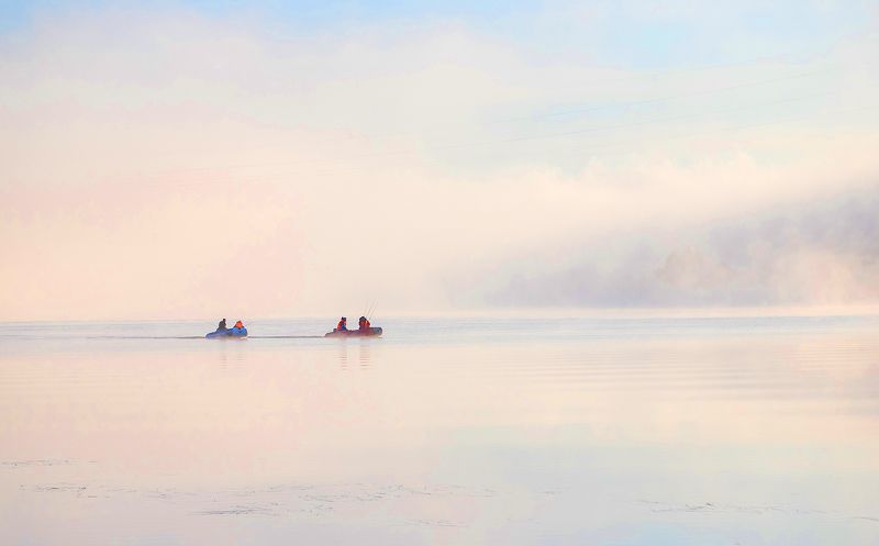 река, лодка, туман, волга В белом молоке тумана фото превью