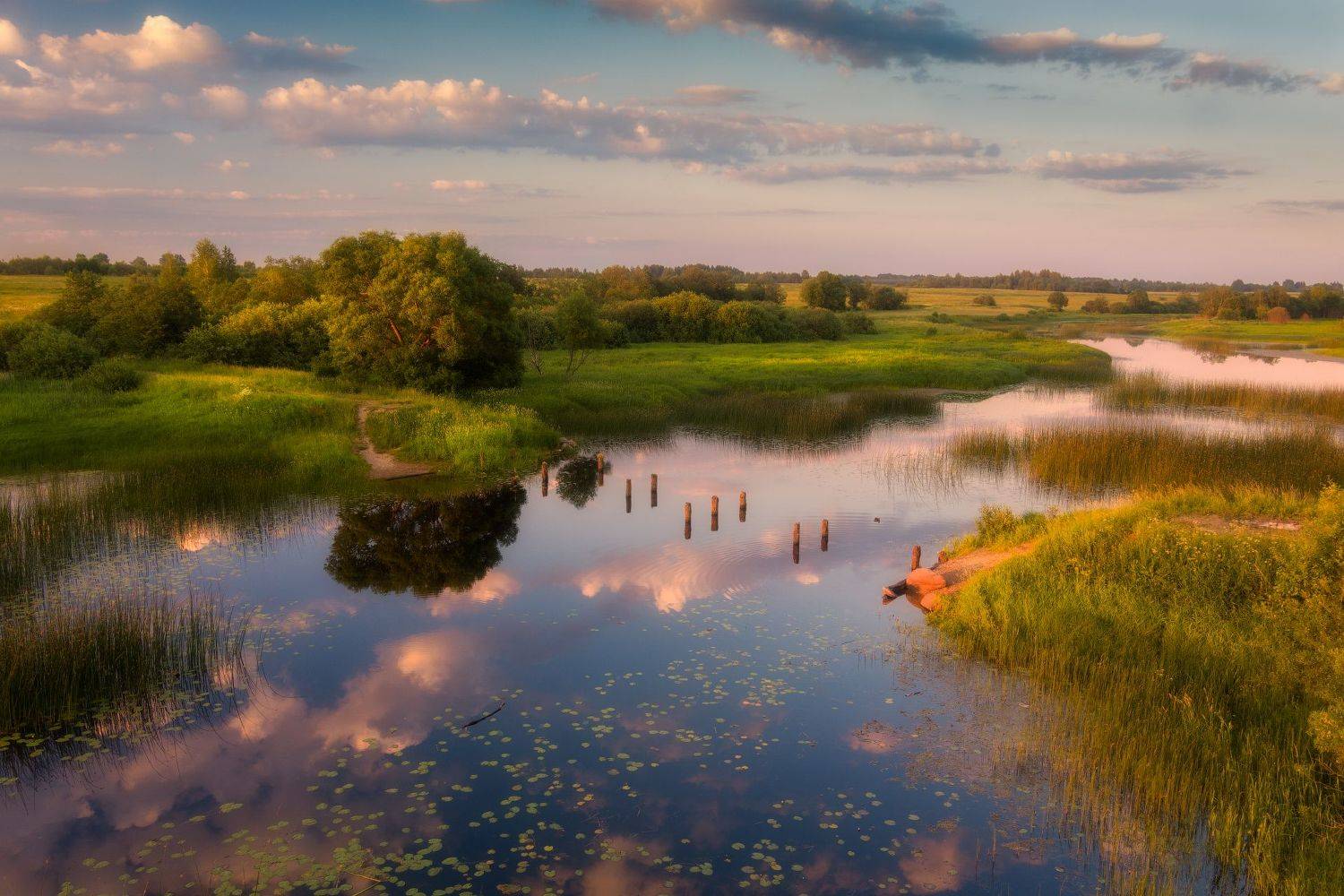 лето, вечер, река, отражения, закат, Cтанислав Малых