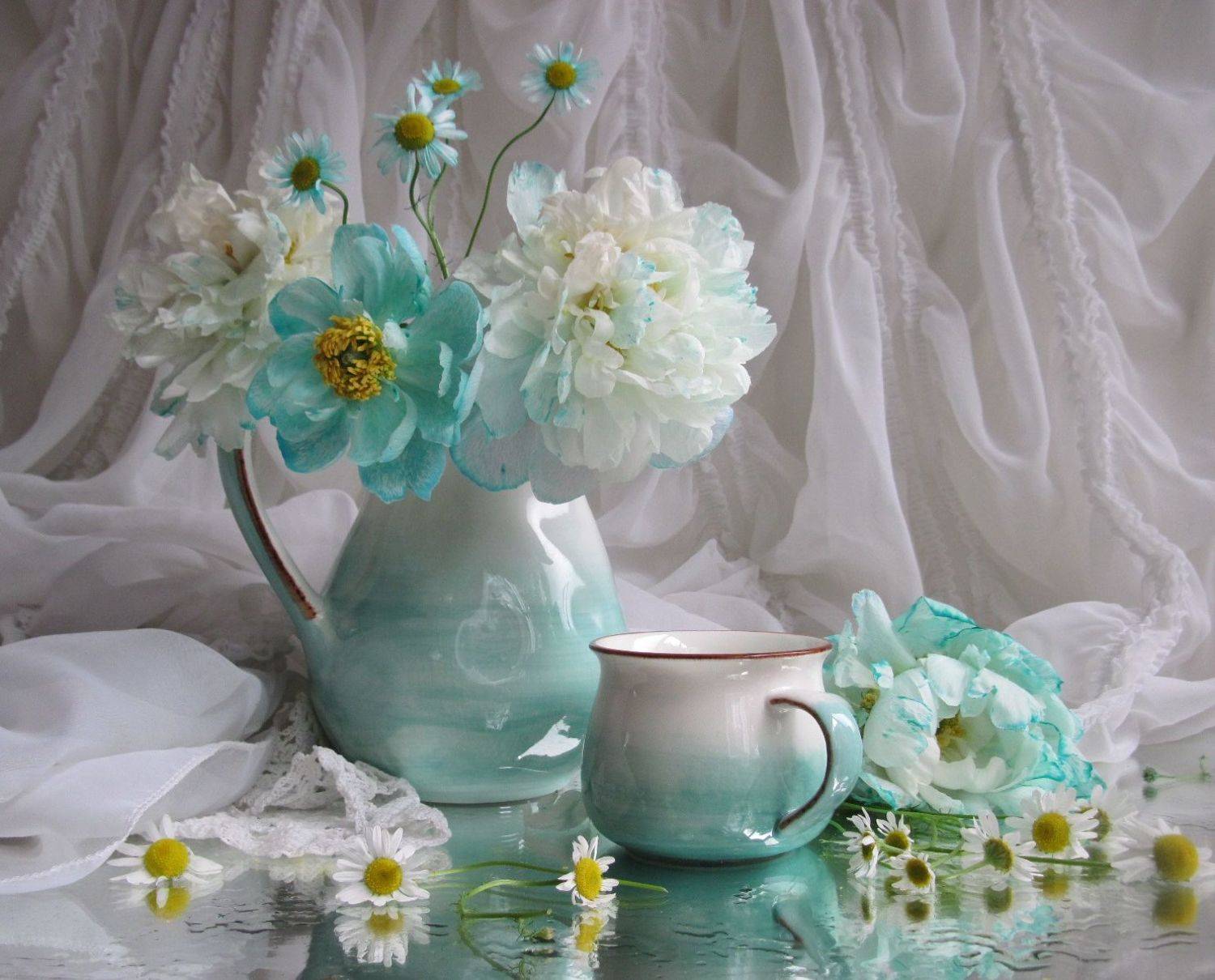 цветы, букет, пионы, ромашки, английский фарфор, аквамарин, Наталия Тихомирова