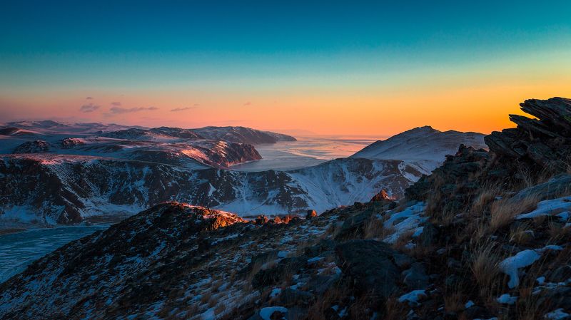 Рассвет, зима, холод, озеро, камни, скалы Рассвет фото превью